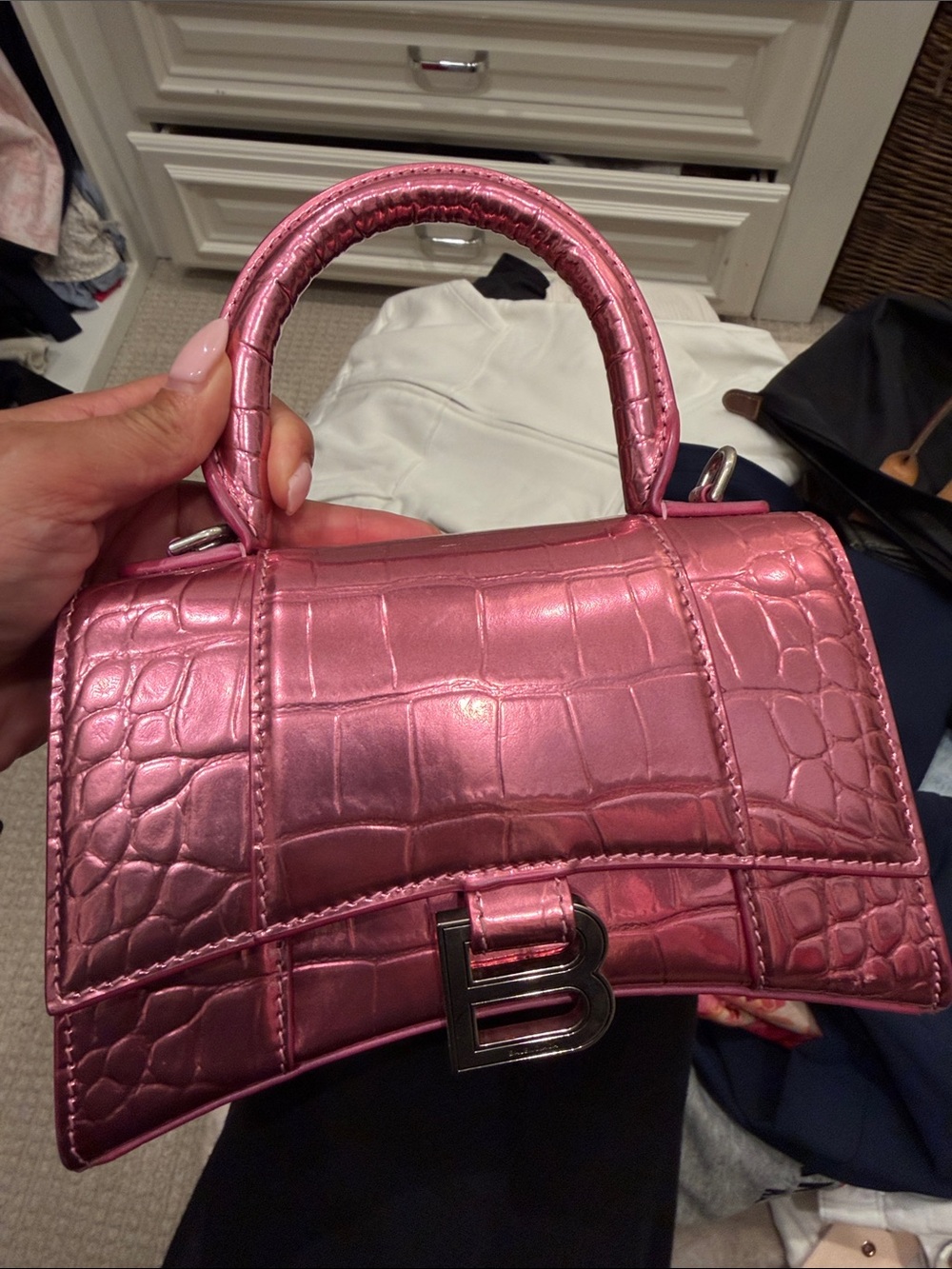Balenciaga Metallic Pink Croc-Embossed Mini Top Handle Bag